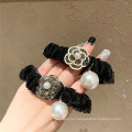 Korean Pearl 5 Black Lace Scrunchies Camellia Hair Tie Elastic Band Ring Cute Girl Ponytail Head Rope Rubber